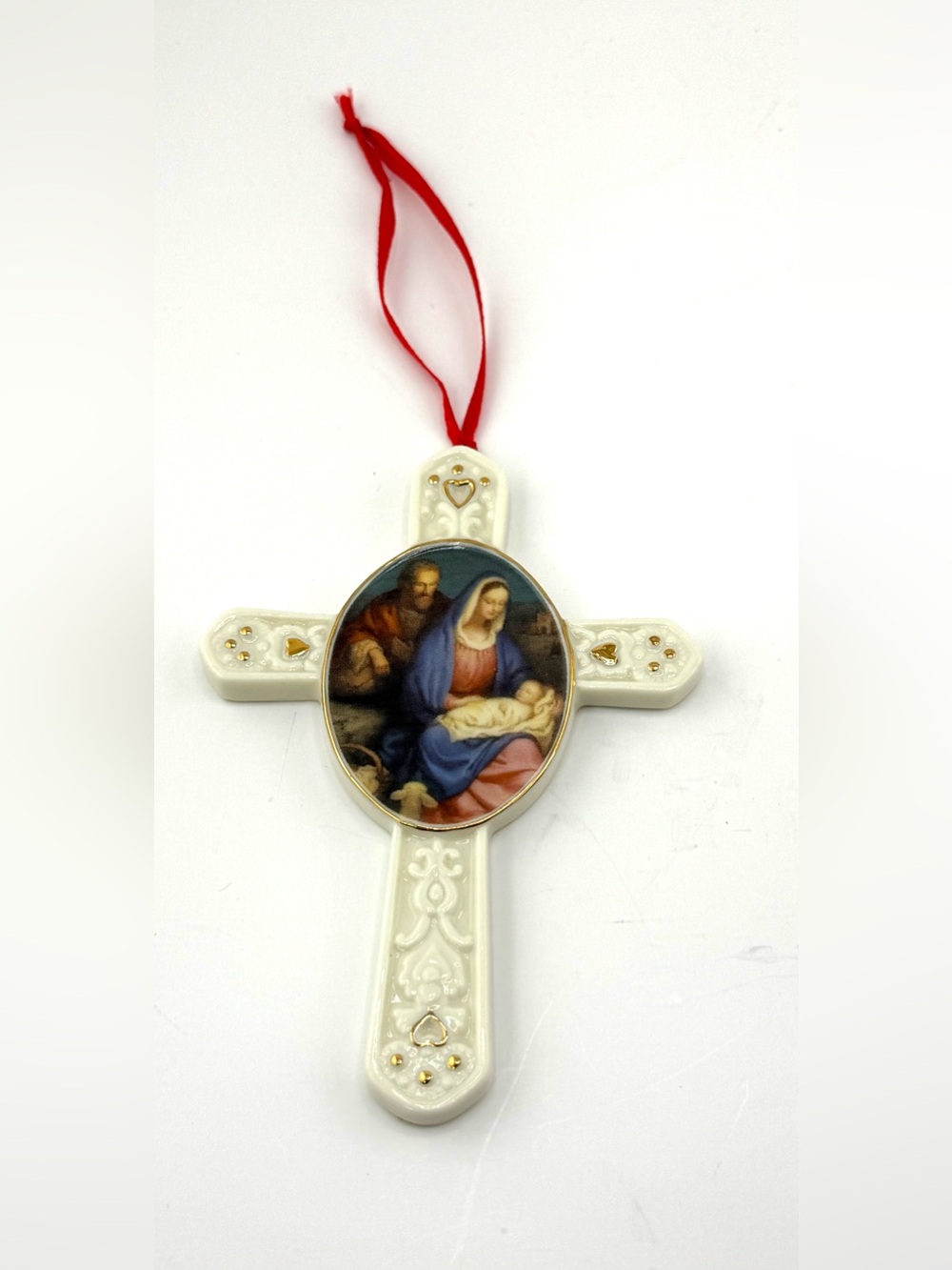 Religious Nativity Ceramic Cross Ornament - White with Red Ribbon